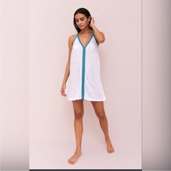 Pitusa Peru white mini swim coverup blue trim standard one size O/S dress - Picture 3 of 8